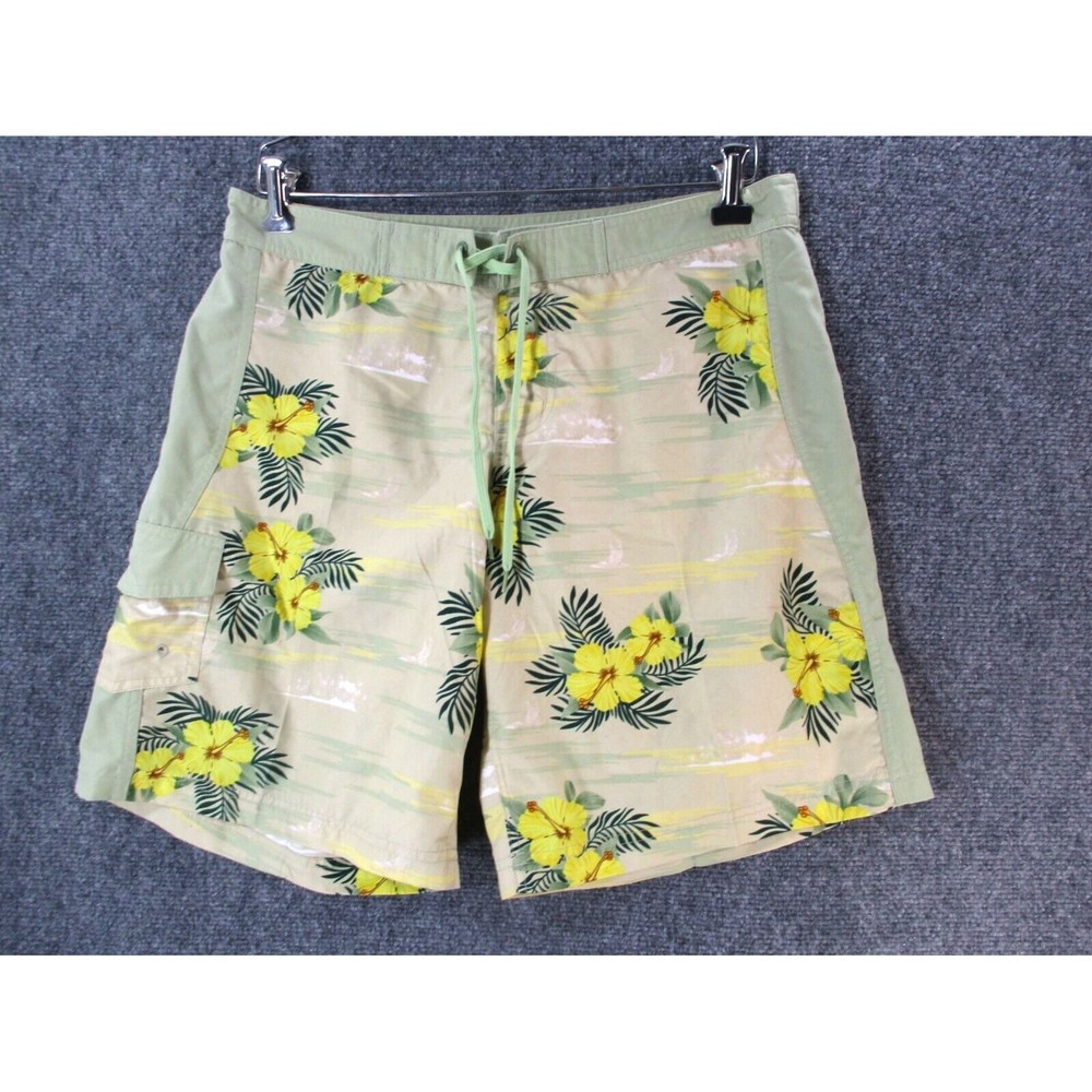 Raya Sun Swim Shorts Mens Medium Beige Yellow Swim Hibuscus Beach Side Pocket M